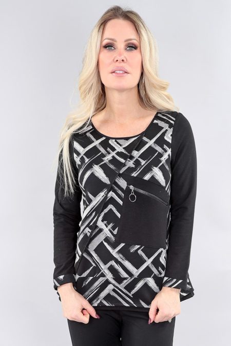Ls Top Crew Neck-Pkt W Zipper in Black grey prt – Lightweight ls top crew neck-pkt w zipper  