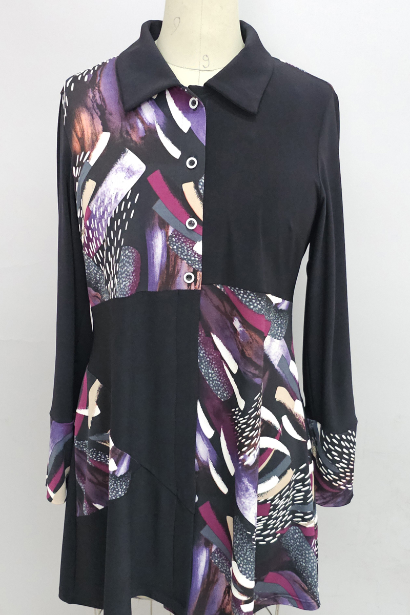 Ls Tunic - Front Buttons in Black-purple prt – Lightweight ls tunic - front buttons