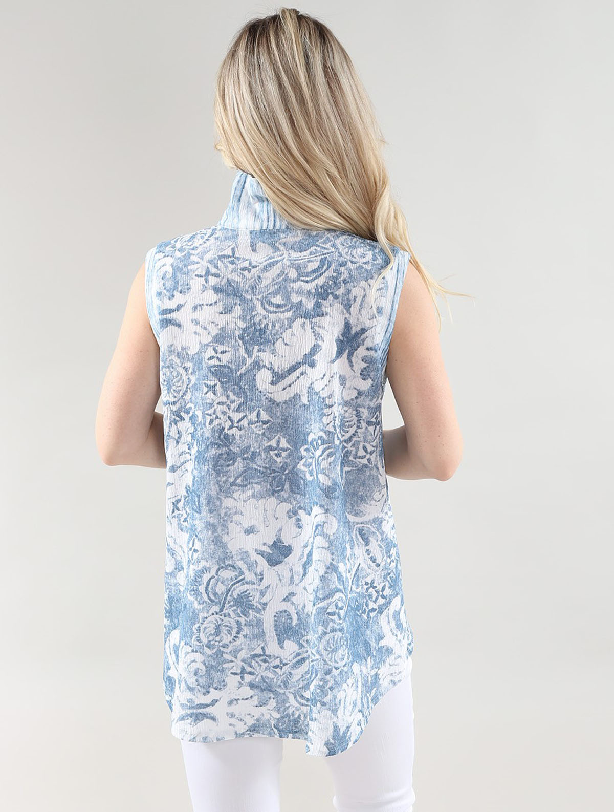 Sleeveles Layered Tunic-Polo Neck With Zipper in A/S White washed indigo print Tunic Crinkle Rayon Spandex Knit - Image 2