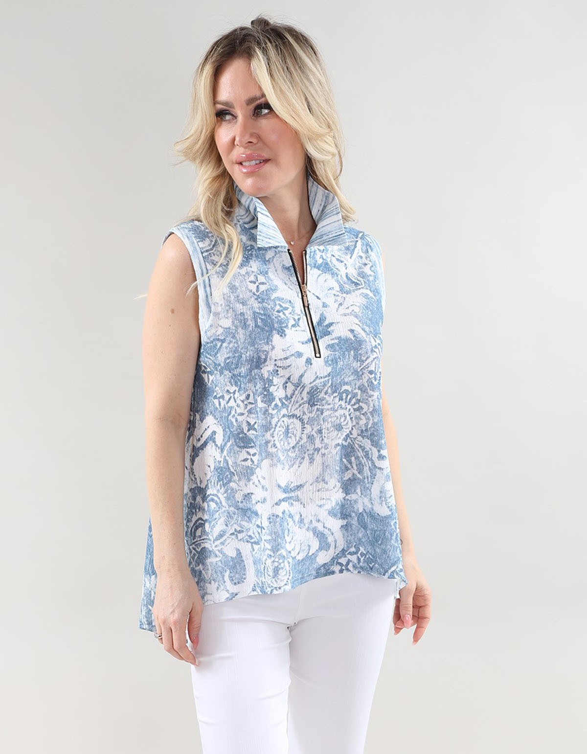 Sleeveles Layered Tunic-Polo Neck With Zipper in A/S White washed indigo print Tunic Crinkle Rayon Spandex Knit