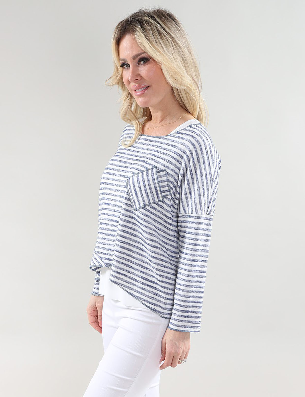 Ls Top Attached Cami- Small Pocket in A/S White blue stripes Top Space Dyed Jersey Knit