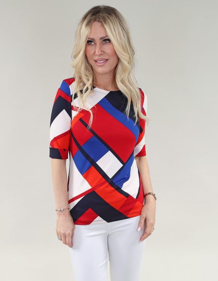Elbow Sleeve With Cuffs Top- Boat Neck in A/S Navy red geometric print Top Geometric Print Ity