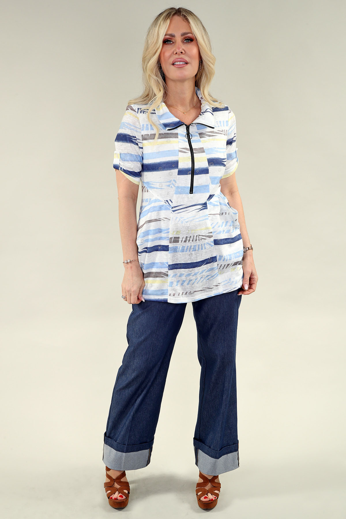 Elbow Slv Tunic- Zipper in A/S Blue Brown print Tunic Printed Knit - Image 2