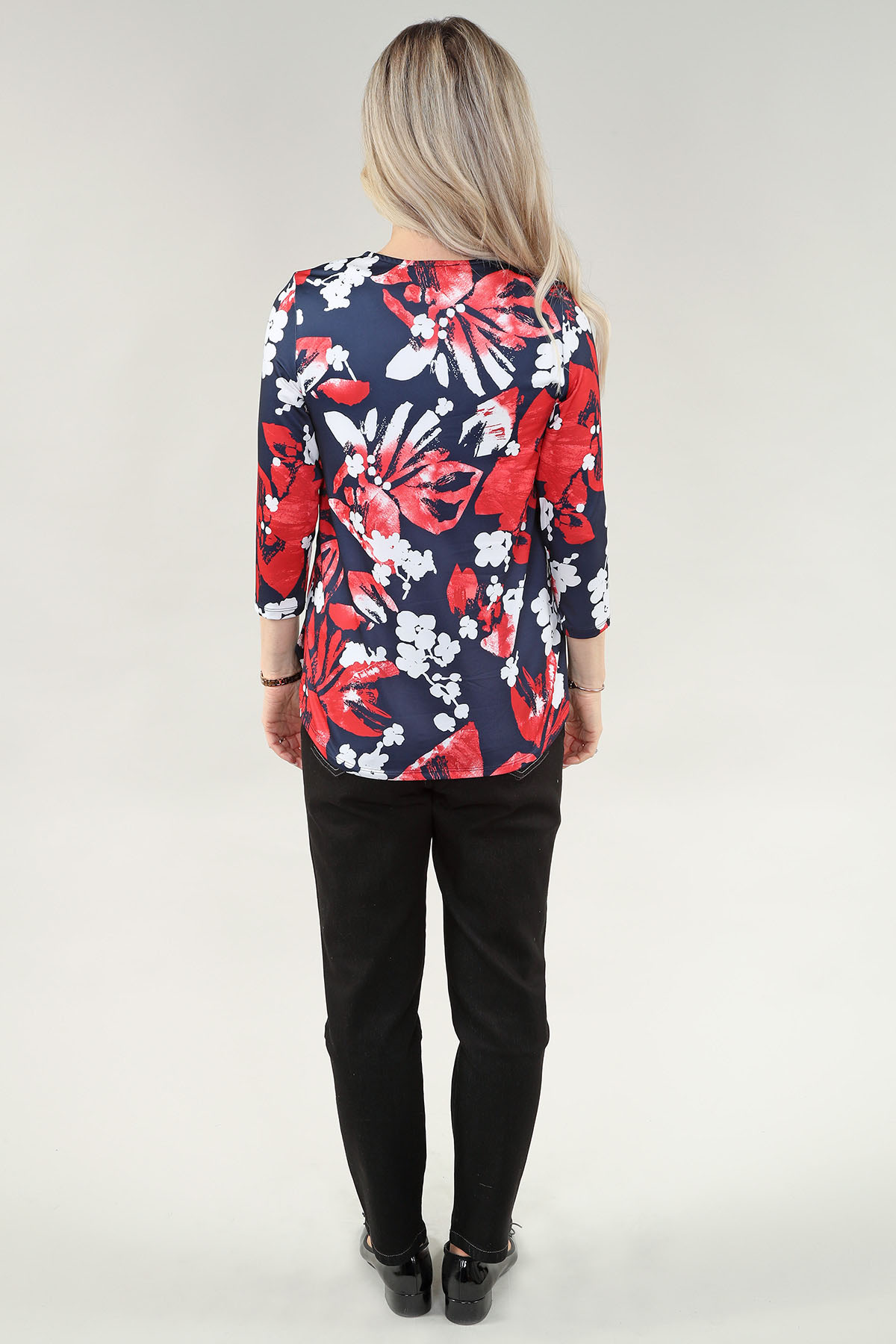 3/4 Sleeve Top-Side Slit- Floral in A/S Navy red floral print Top Printed Knit - Image 2