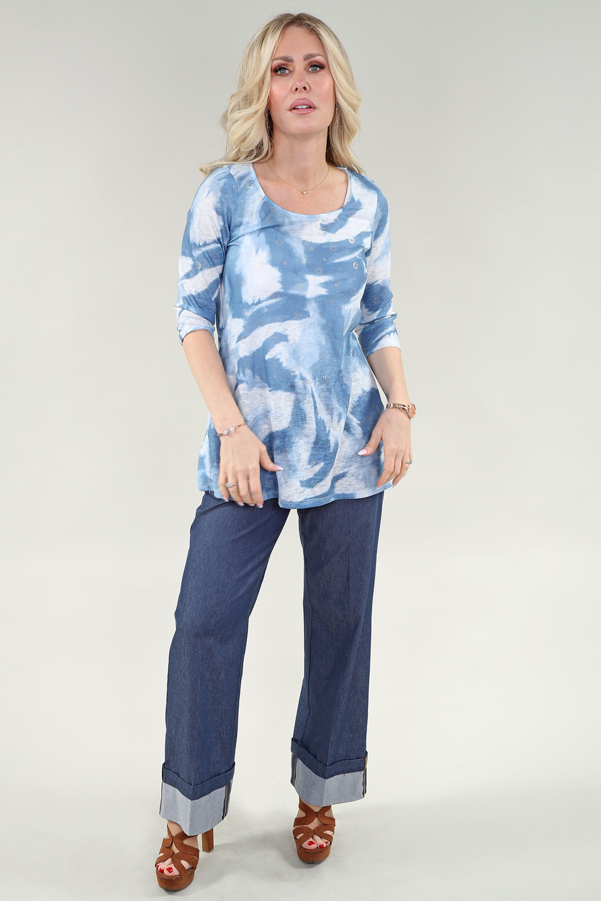 3/4 Sleeve Top-Side Slit in A/S Denim white print Top Printed Knit - Image 2