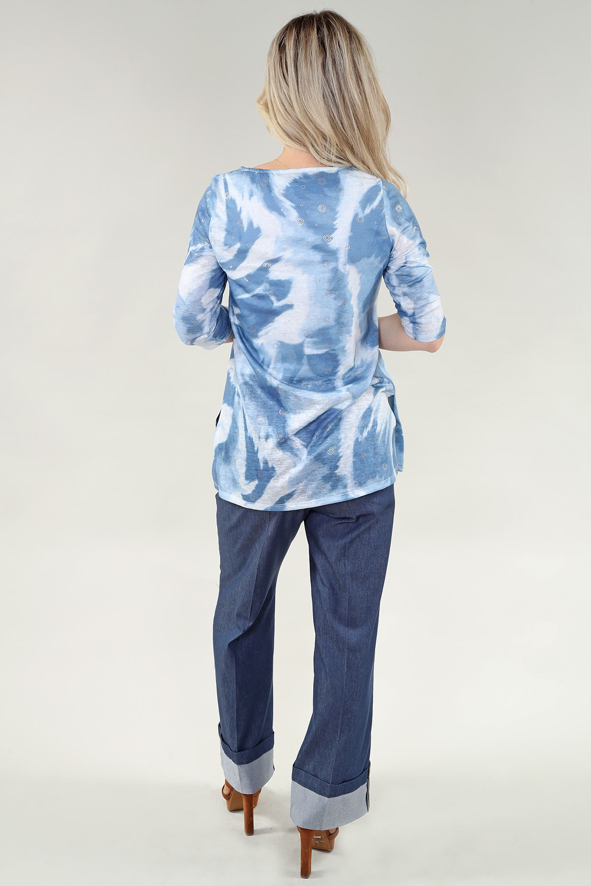 3/4 Sleeve Top-Side Slit in A/S Denim white print Top Printed Knit - Image 3