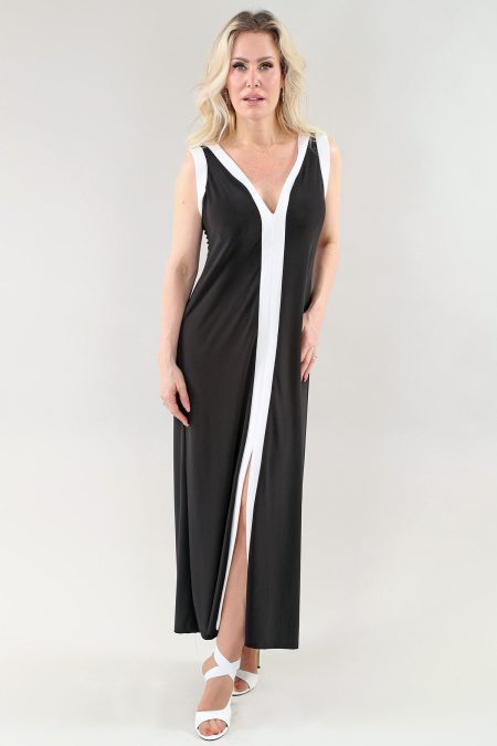 Sleeveless Long Dress With V Neck - Front Slit in A/S Black Ivory Long Dress Black Ity And Ivory Manilla