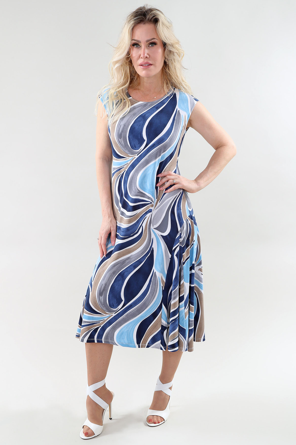Cap Sleeve Dress - Not Lined in A/S Blue grey print Dress Print Ity