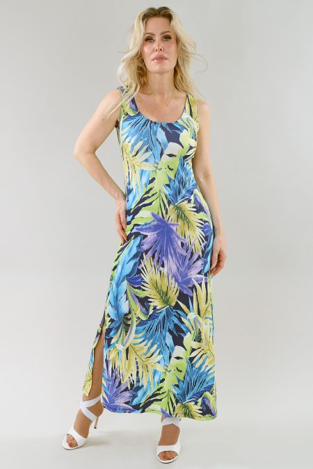 Maxi Sundress- Not Lined in A/S Green yellow Foliage print Long Dress Printed Ity