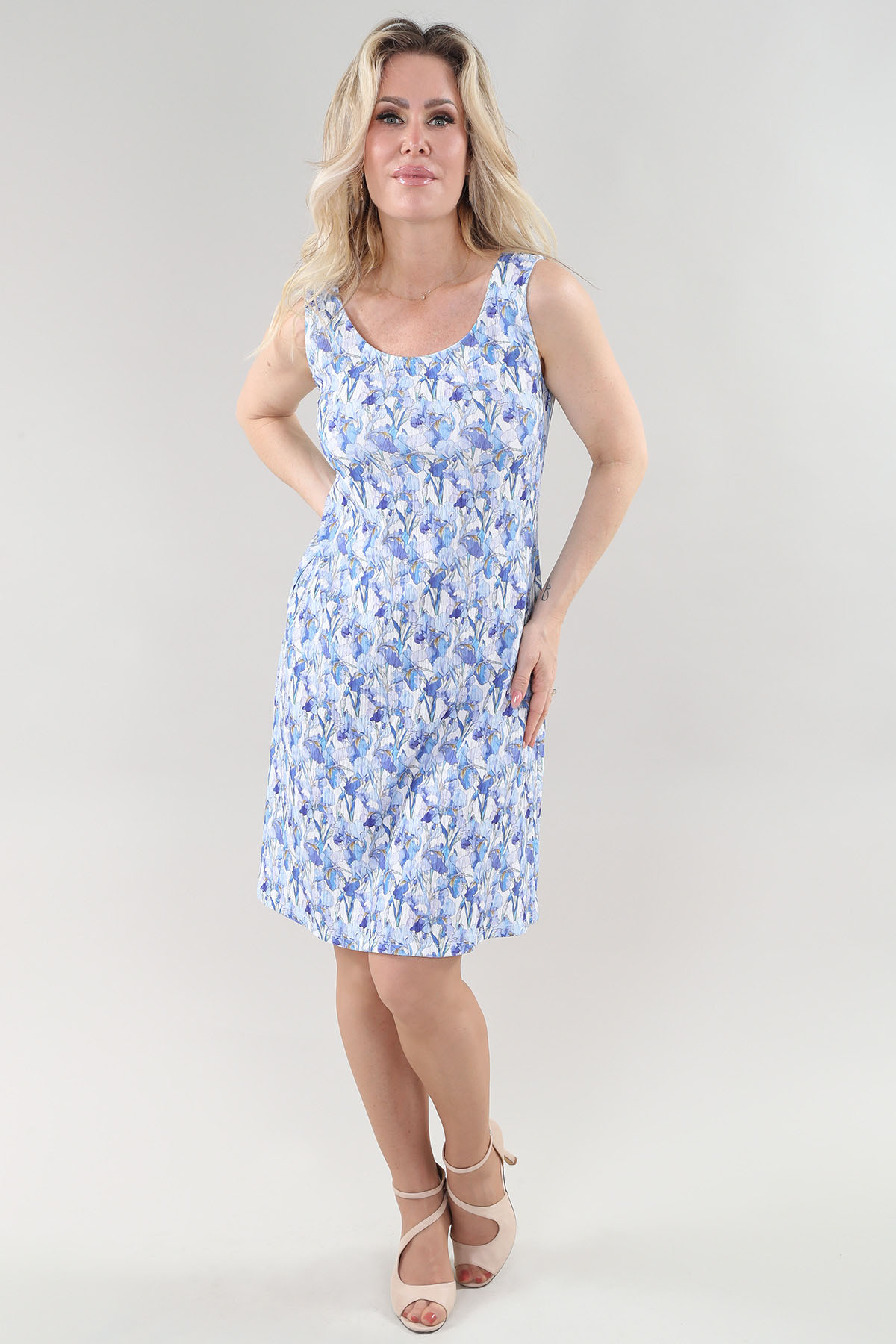 Sun Dress-Not Lined- Potanical in A/S Blue purpel floral print Dress Crinkle Crepe