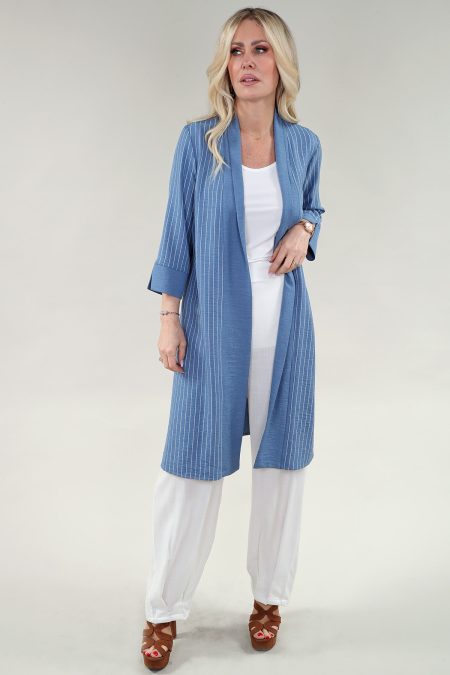 3/4 Sleeve W Cuffs Long Cardigan in A/S Blue stripes Cardigan Linen Combo Stripes