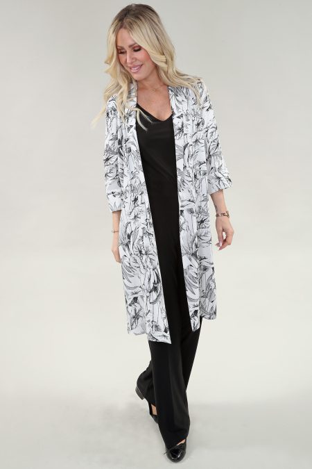 3/4 Sleeve Cardigan in A/S Ivory black botanical Cardigan Linen Botanical Print