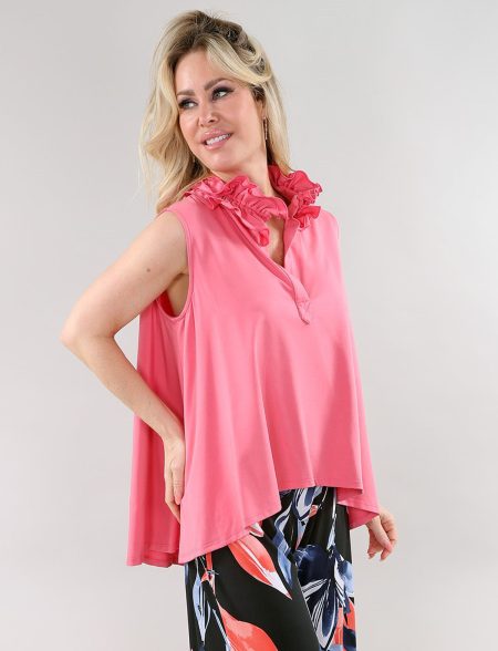 sans manches Layered haut - Ruffled col en V en A/S corail haut modal jersey