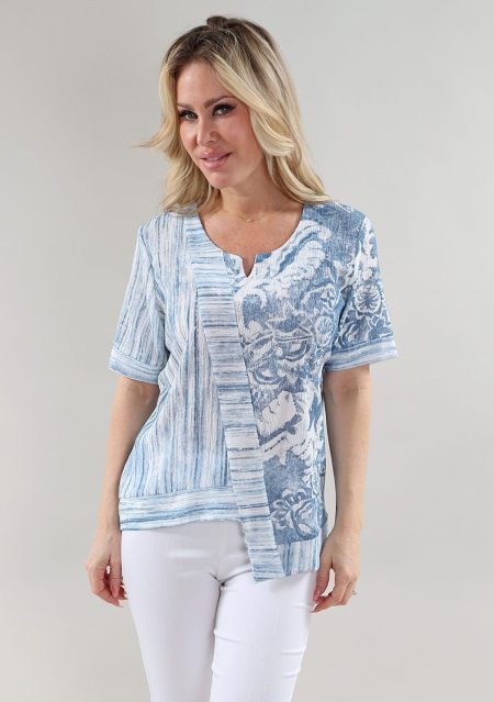 MC haut - imprimé And en A/S blanc washed indigo imprimé haut froissé rayonne élasthanne tricot