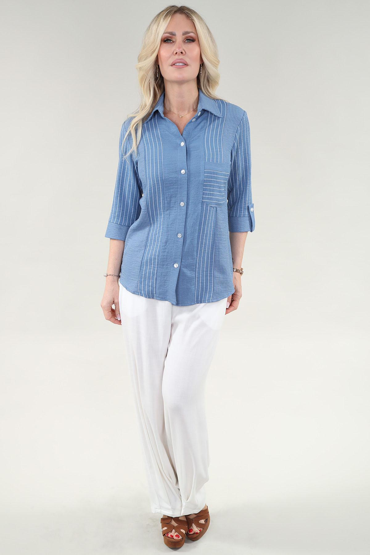 chemise 3/4 Slv Tack With Button en A/S bleu rayures chemise lin Combo rayures - Image 3