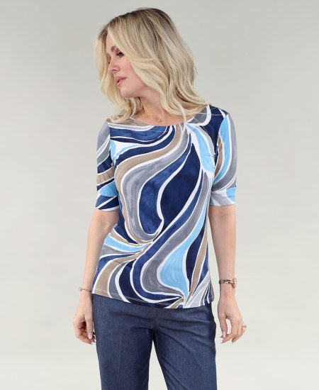 MC With Cuffs haut - Boat Neck en A/S bleu gris imprimé haut imprimé Ity