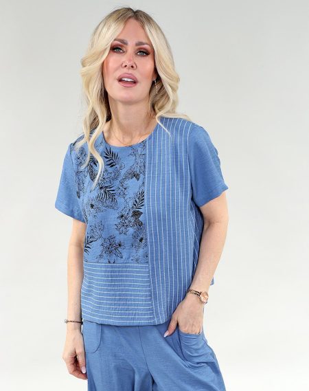 MC haut - Combo fleuri & rayures en A/S bleu rayures haut lin Combo rayures