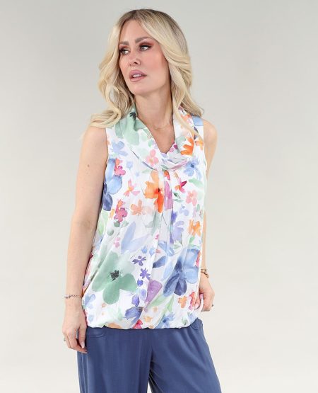 sans manches Ballon haut - Cowl Neck en A/S pastel multicolore imprimé haut lin fleuri