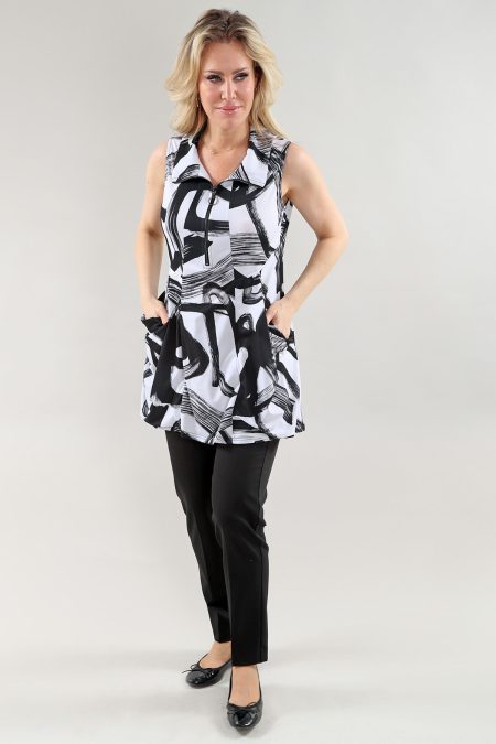 sans manches tunique W Zipper en A/S noir blanc mulit prt tunique imprimé Ity