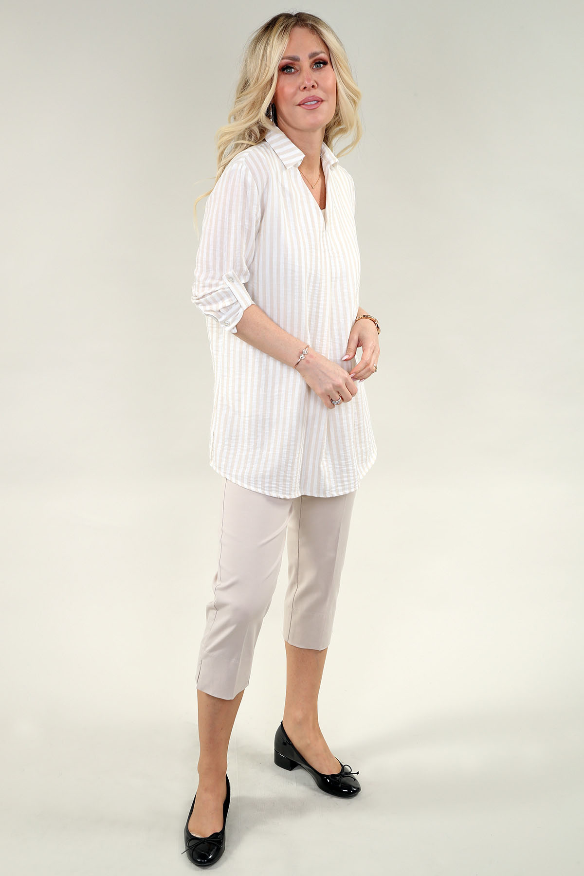 relevable 3/4 Sleeve tunique - col en V en A/S Sandstripe tunique lin rayures - Image 2