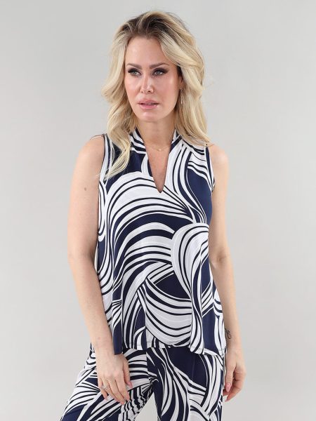 sans manches haut - col en V - Double Front en A/S marine sable haut imprimé Ity