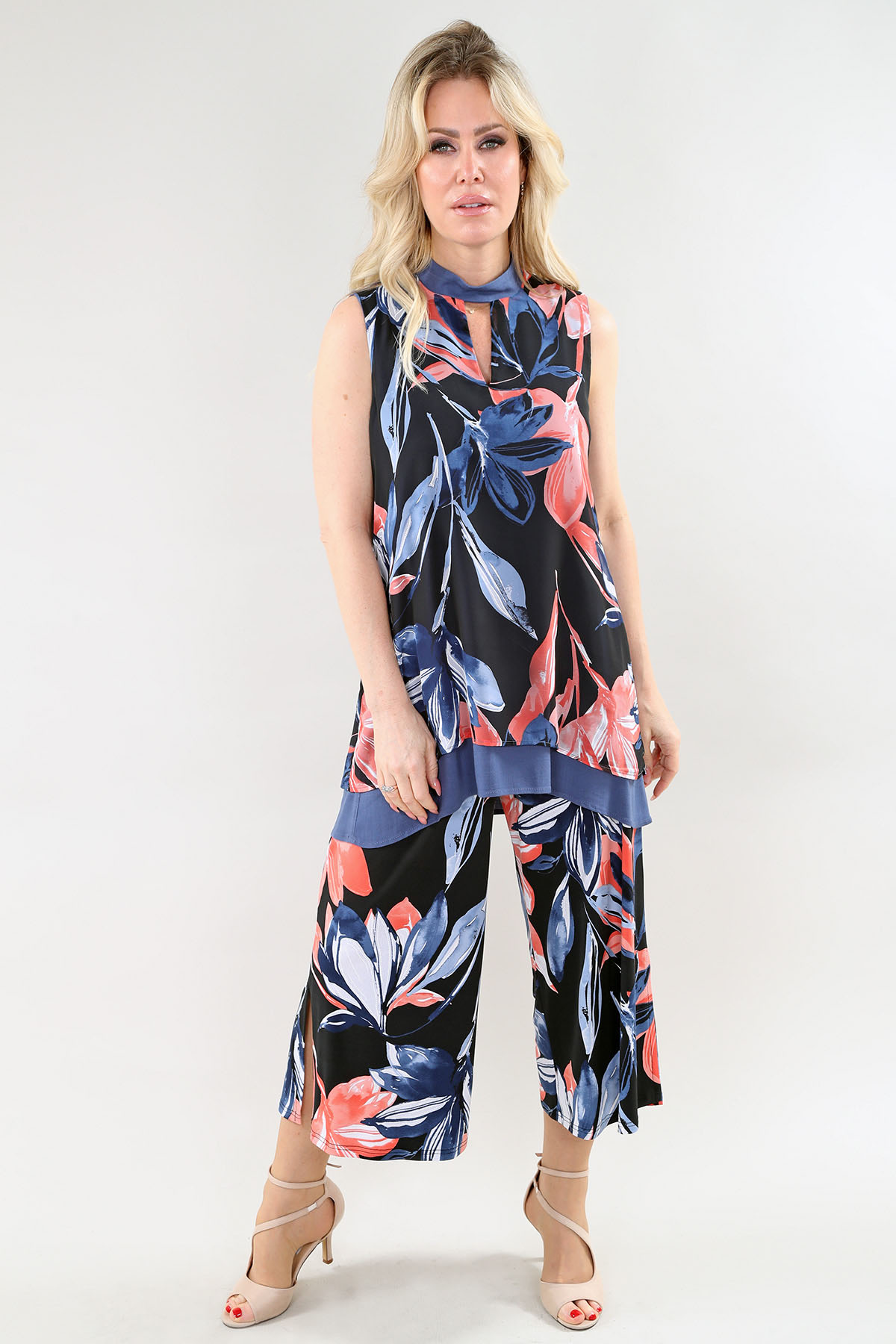 sans manches tunique - Front Keyhole en A/S denim noir corail prt tunique chiffon - Image 2