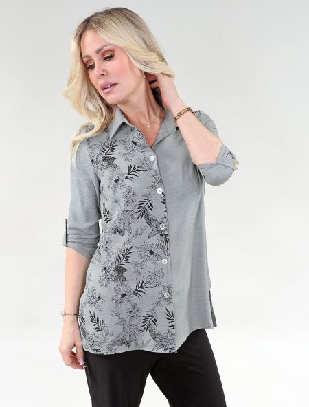 3/4 Sleeve chemise - W Side fleuri Prnt en A/S kaki fleuri chemise coton Blend