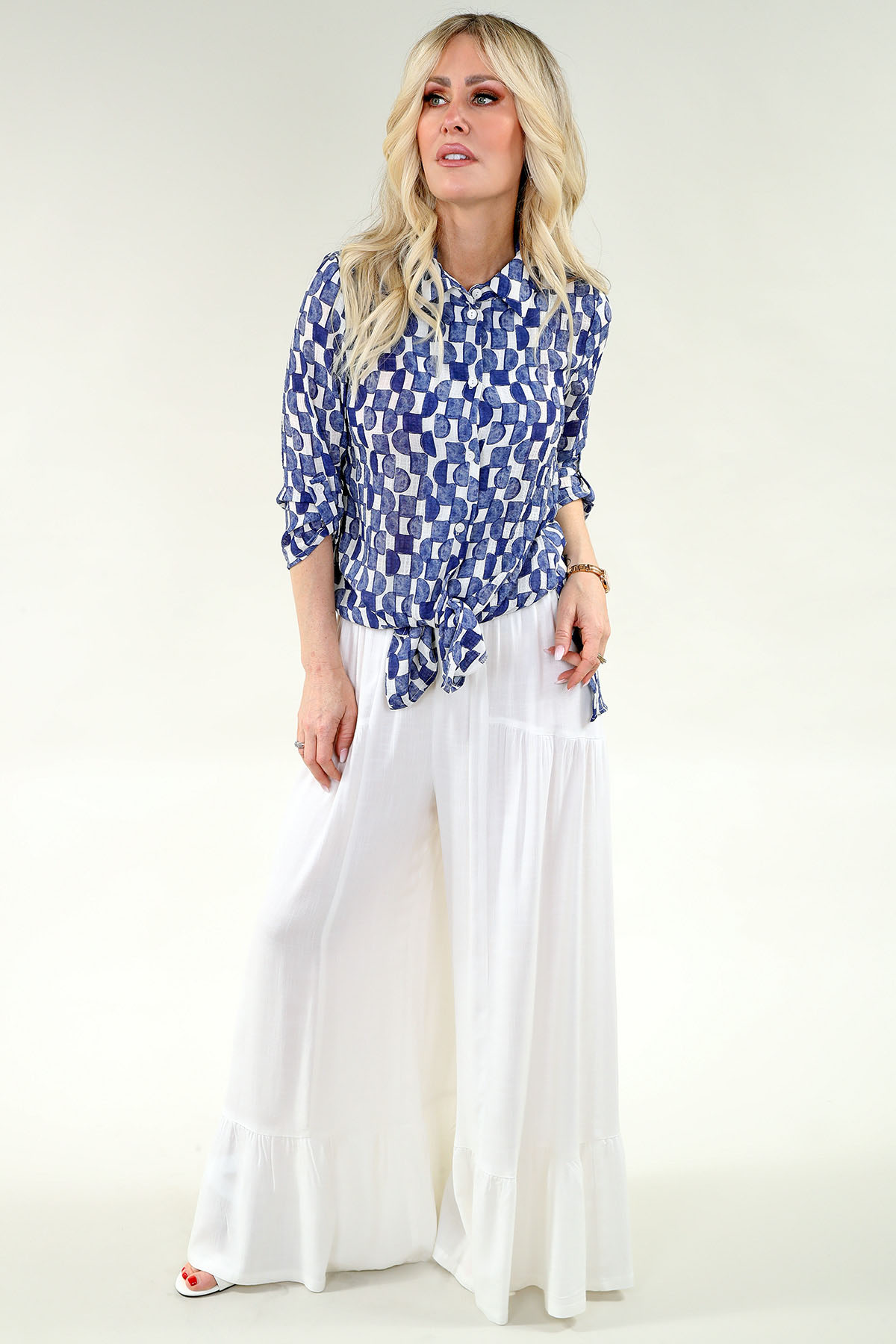 3/4 relevable Sleeve chemise Side fente - Square Circle Prt en A/S bleu ivoire square circle prt chemise tissé chiffon - Image 3