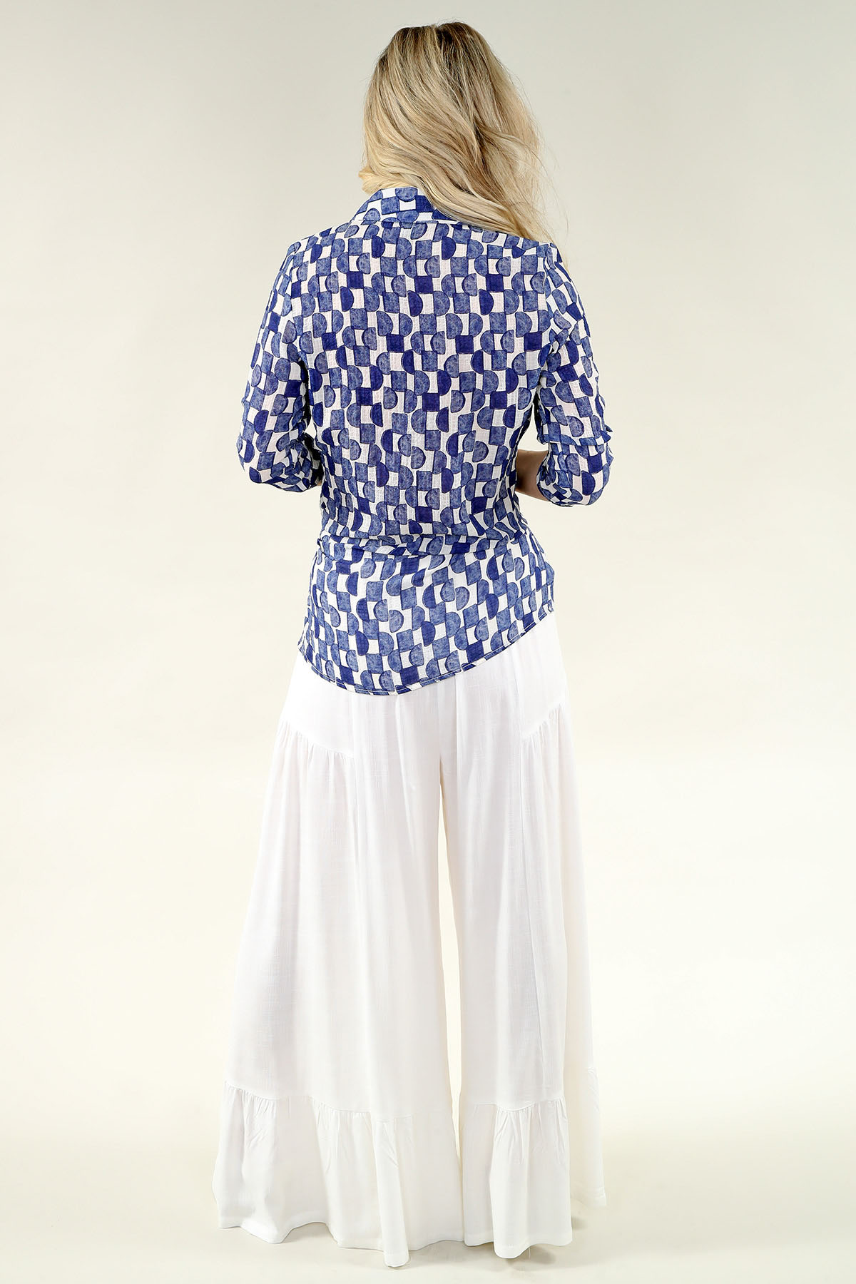 3/4 relevable Sleeve chemise Side fente - Square Circle Prt en A/S bleu ivoire square circle prt chemise tissé chiffon - Image 2