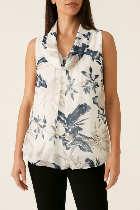 sans manches Ballon haut - Cowl Neck en A/S soft crème beige haut imprimé chiffon