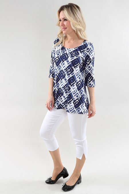 3/4 Sleeve haut - Side fente - Tropical en A/S denim blanc imprimé haut imprimé tricot