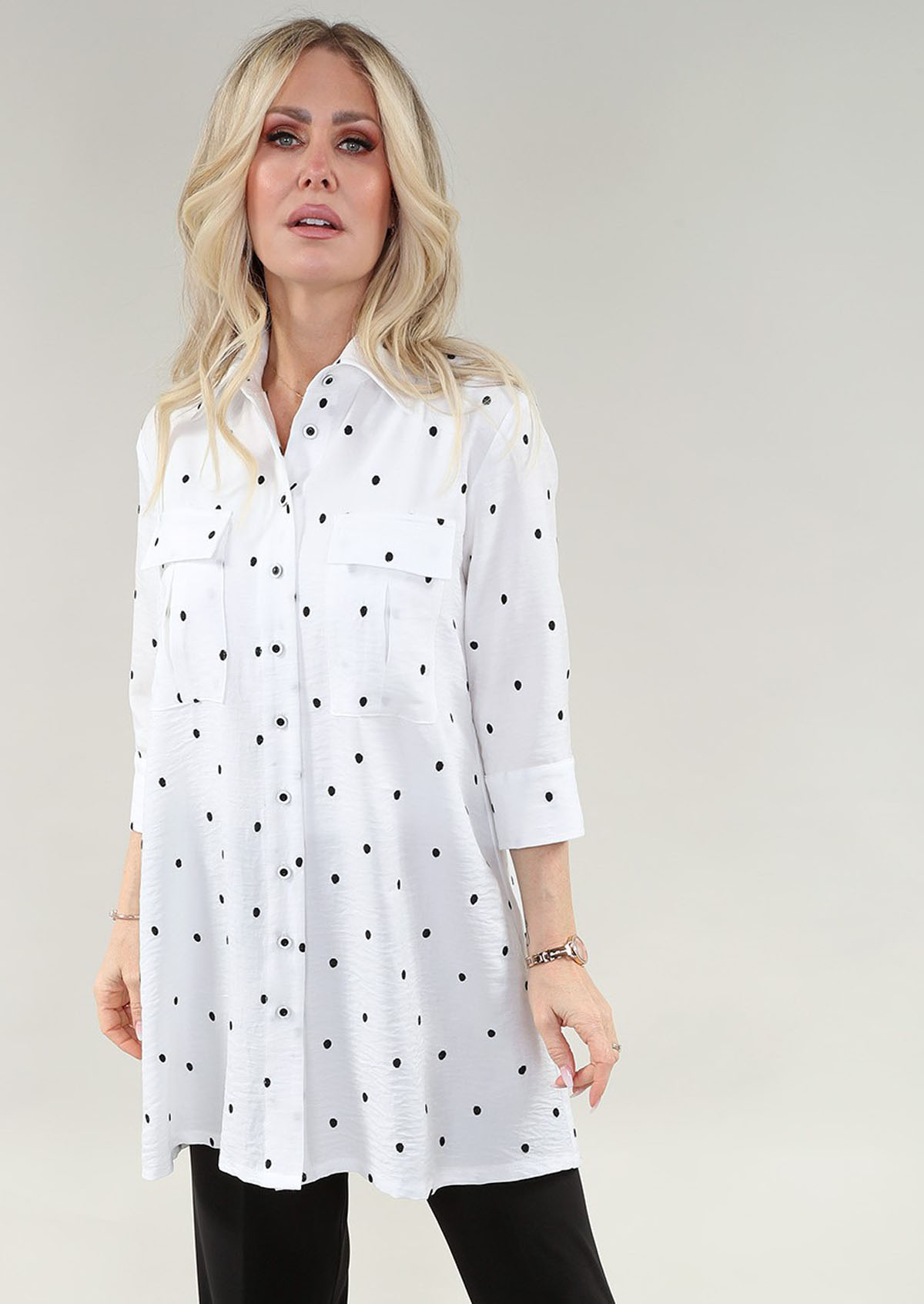3/4 Sleeve tunique chemise en A/S ivoire noir dots tunique Air Flow