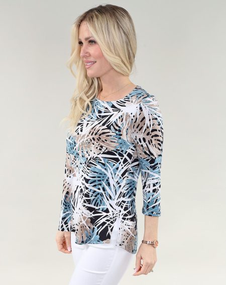 3/4 Sleeve haut - Side fente en A/S marine sable Foliage imprimé haut imprimé Ity