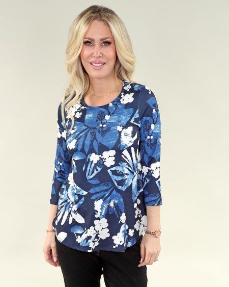 3/4 Sleeve haut - Side fente en A/S marine blanc fleuri haut imprimé tricot