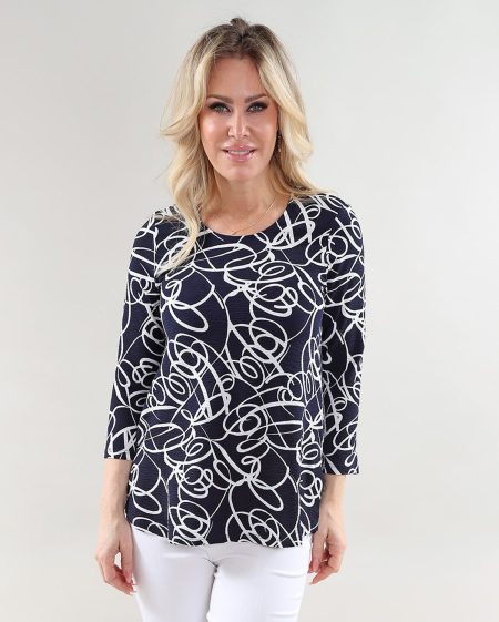 3/4 Sleeve haut - Side fente en A/S marine blanc rounded haut imprimé Ity