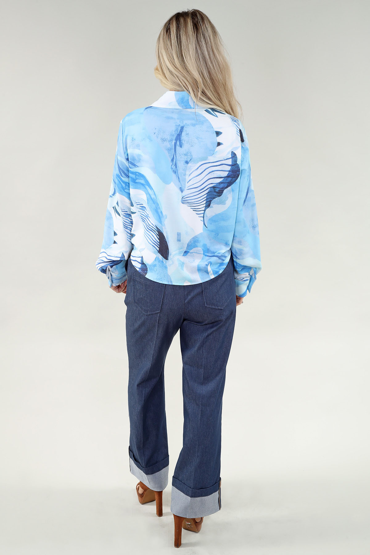 ML chemise - à nouer devant en A/S ciel bleu imprimé chemise imprimé Twisted chiffon – Image 3