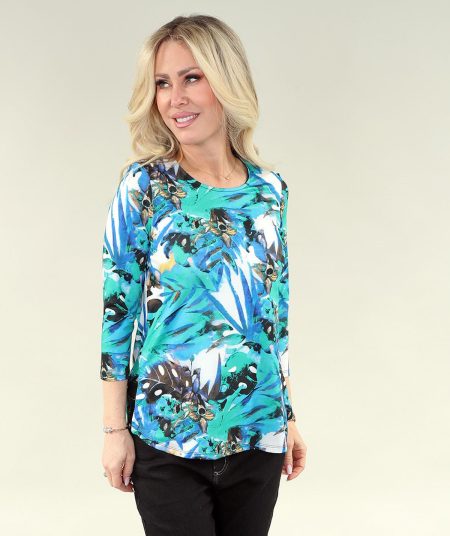 3/4 Sleeve haut - Side fente en A/S vert bleu safari prt haut imprimé tricot