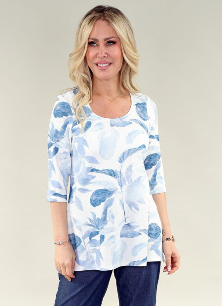 3/4 Sleeve haut - Side fente - fleuri en A/S Light bleu fleuri haut imprimé tricot