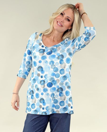 3/4 Sleeve haut - Side fente en A/S bleu circles imprimé haut Ripple côte jersey