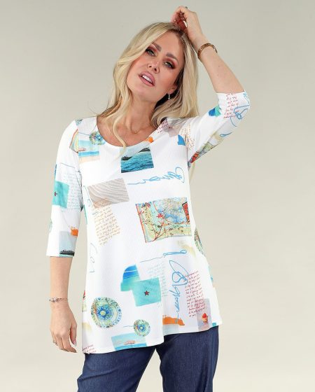 3/4 Sleeve haut - Side fente - Collage Design en A/S ivoire Aqua postcard prt haut imprimé tricot