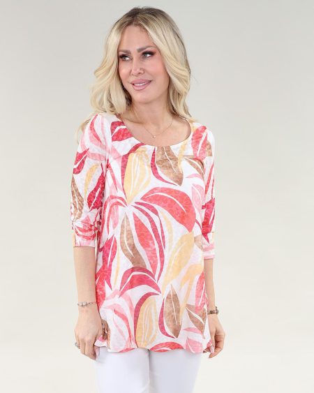 3/4 Sleeve haut - Side fente en A/S corail leaf imprimé haut imprimé Ity