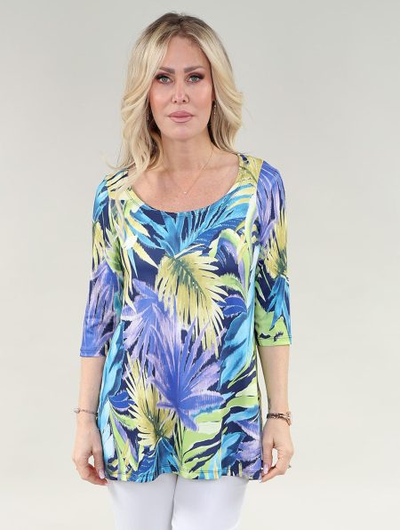 3/4 Sleeve haut - Side fente en A/S vert jaune Foliage imprimé haut imprimé Ity
