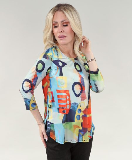 3/4 Sleeve haut - Side fente en A/S marine orange abstraite imprimé haut imprimé Ity