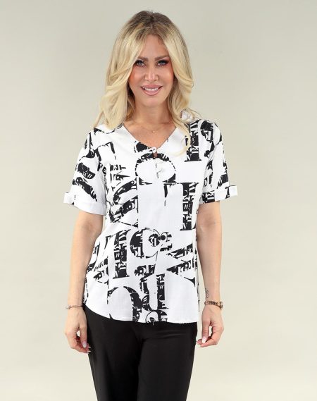 short Split Sleeve haut - col en V en A/S blanc noir haut Safari