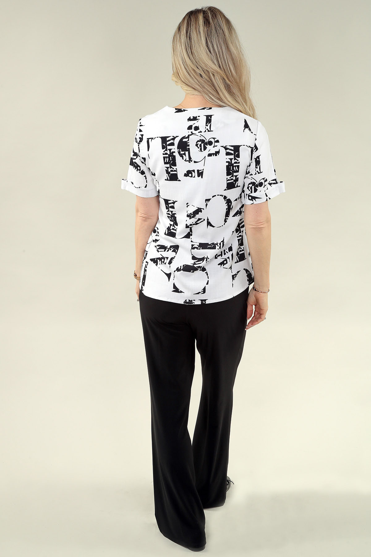 short Split Sleeve haut - col en V en A/S blanc noir haut Safari - Image 3