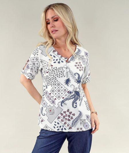 short Split Sleeve haut - col en V en A/S ivoire mixed motif haut Safari Vintage