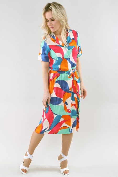 Elbow Slv Shirtwaist robe With Sash - Pouckets en A/S menthe vert fuchsia orange imprimé robe Safari