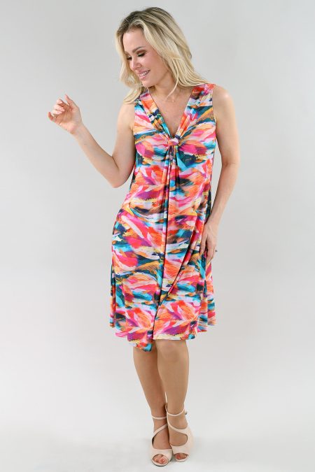 sans manches robe - nœud devant en A/S fuchsia orange multicolore imprimé robe imprimé tricot