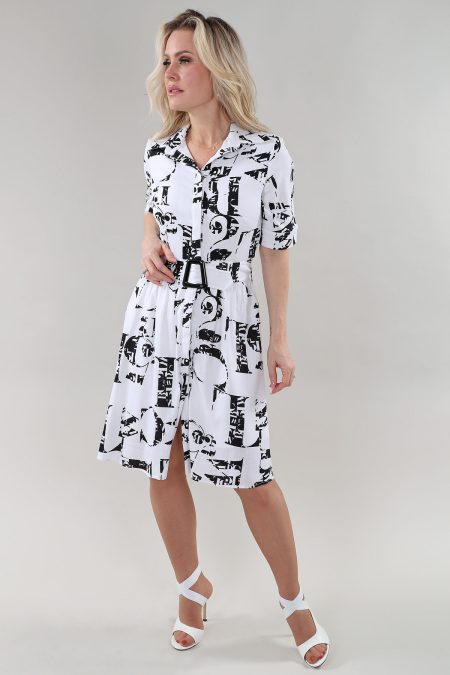 Elbow Slv Shirtwaist robe With Sash - Pouckets en A/S blanc noir robe Safari