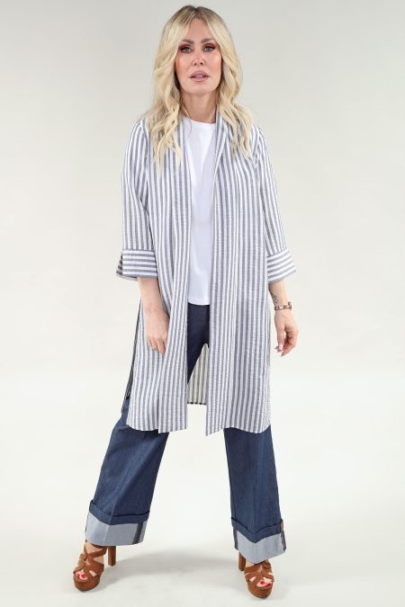 3/4 Sleeve W Cuffs Long cardigan en A/S bleu rayures cardigan Safari rayures